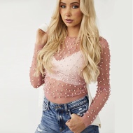 Womens bubble bead diamond perspective mesh top for women