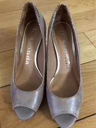 Le Saunda 淺灰色蛇紋拼接魚嘴高跟鞋 Grey Snake-Print Peep-Toe High Heels