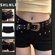 Women's Y2K Rivet Mini Denim Shorts for Spring Summer American Dark Style Low Waisted Shorts