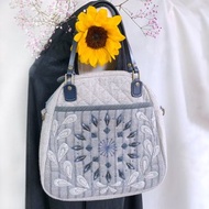 灰藍蕾絲刺繡日本先染布真皮提把手提包肩背包