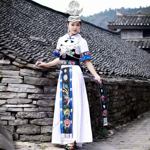 Hmong Clothes for Women Chinese Folk Dance Boutique Ethnic Style Embroidery Miao Hat Headwear Dance