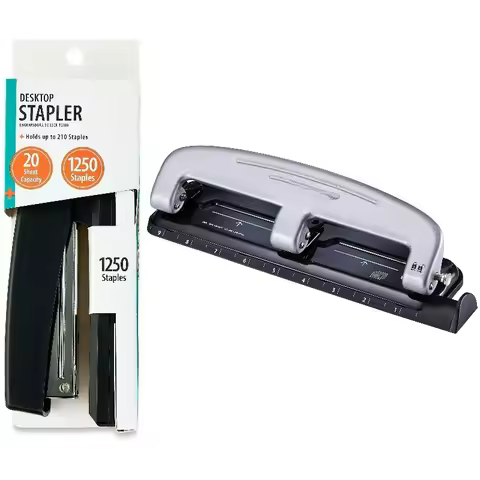 Desktop Stapler and EZ Squeeze Three-Hole Punch Office Bundle
