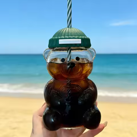 High-Quality Kawaii Bear Cup with Green Beanie Lid Reusable Straw Cute Collectible For Iced Coffee C