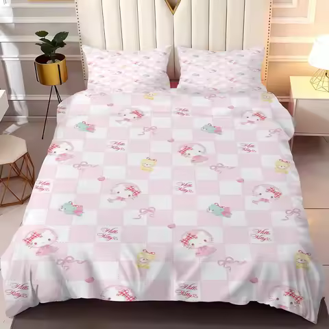 Cartoon Duvet Cover Hello Kitty Quilt Home Pillowcase Set Adult Bedroom Children Comforter Bedding