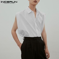 INCERUN เสื้อยืดผู้ชายแขนยาว,เสื้อลำลองมีปกสไตล์เกาหลี