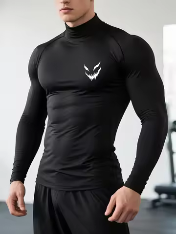 1-Piece Men Mock Neck Raglan Compression Sports Long Sleeve Top Black White Cool Smiley Face Print B