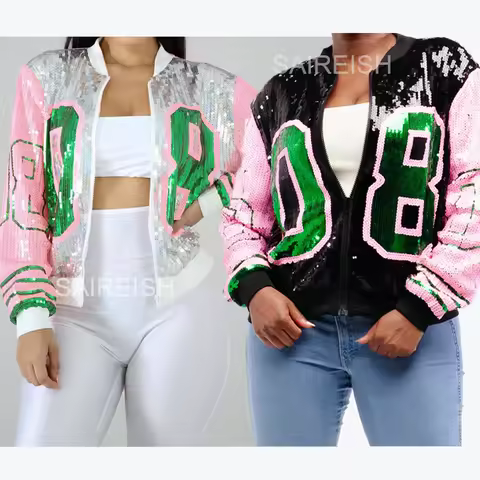 Sleeve Pink Green 08 Letter Casual Sequin Bling Women Number 08 Sorority Sequin Jersey Sequin Jacket
