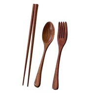Wooden Cutlery 3IN1Set Korean Wooden Cutlery Tableware Fork Spoon Chopsticks Solid Wood Long Handle 