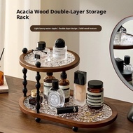 Entryway Key Storage Rack, INS Cosmetic Organizer, Acacia Wood Double Layer Storage Rack, Bathroom D