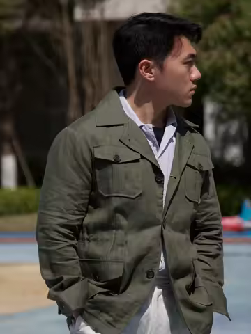 POT&CRAFTSMAN Unstructured safari jacket hunting jacket moss green pure linen gentry vintage slim fi