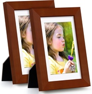 （Lao new de photo frame） 4x6inch Brown Picture Frames (2PK) Made of Solid Wood and HD Glass Display Photos 3.5x5 with Mat for Table and Wall Mounting