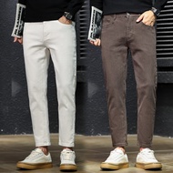 LARGE STORE Trendy Korean Version Plain Color Slim-Fit Elastic 9-Point Jeans Slightly 9-Point Pants 