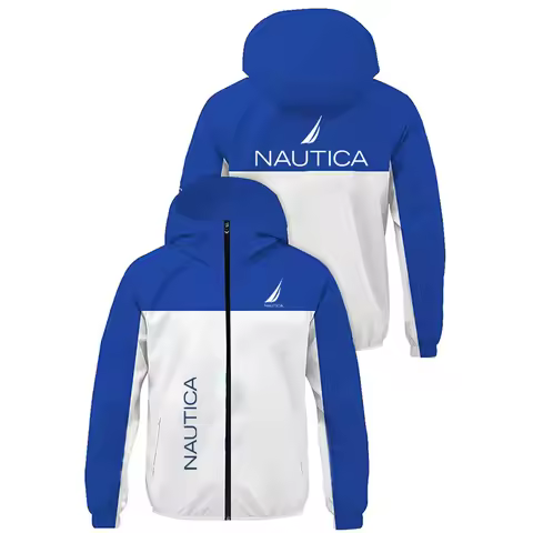 NAUTICA Men Color Block Hooded Windbreaker Jacket, Zip Up Lightweight Hoodie Coat, Casual Outdoor Sp