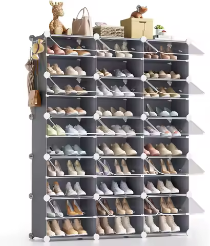 Large Shoe Storage Organizer Cabinet System, 60 Pairs Tall Shoe Ra Organizer With Cover Doors, Plast