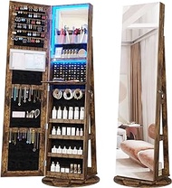 Vlsrka LED Light Jewelry Cabinet with Full Length Mirror 360° Swivel, Large Jewelry Organizer Armoire Lockable Free Standing Mirror with Jewelry Storage, Inside Makeup Mirror, Foldable Makeup Shelf