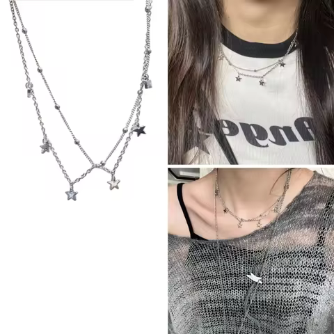 Star-Shaped Beads Link Chain Necklace Fashionable Neck Jewelry Y2K Star Necklace Double Layer Star C