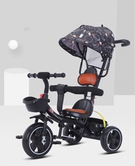 Xe đẩy xe đạp 3 bánh cho bé có mái che +ghế nệm  da+tay đẩy khung đai an toàn