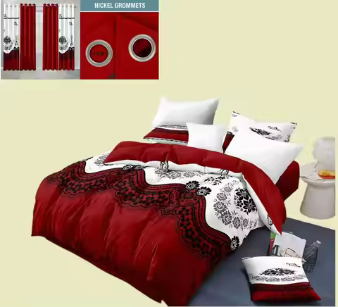 2026 New Design Fashionable Red Print 9-Piece Bedspread & Curtain Set，Fits Twin/Queen/King Bedroom