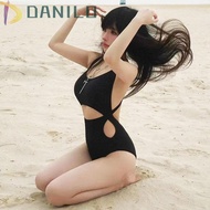 DANILO1 One-Piece Swimsuit, Backless Design Dark Style Hollow Out Swimsuit, Tight Fit Small Chest Hi