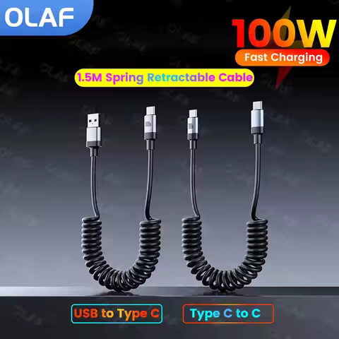 100W 5A USB Type C To USB C Spring Cable For iPhone 15 16 Pro Max Samsung Xiaomi Car Charger Cable 2
