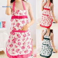 PEK-Kitchen Apron Bowknot Floral Print Polyester Restaurant Cooking Pocket Workwear for Home