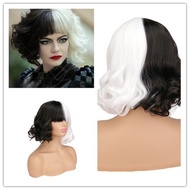 Black and White Wigs for Cruella Cosplay Women Short Curly Wavy Hair Wig with Wig Cute Synthetic Wig