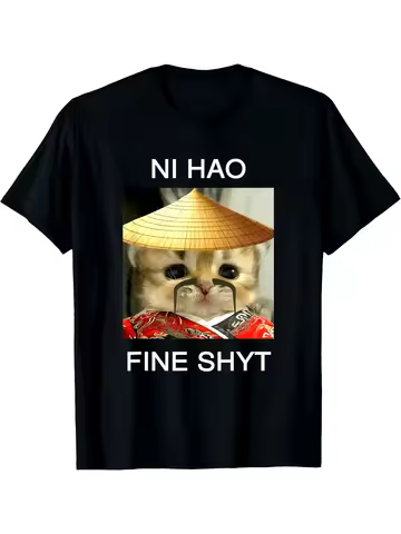 Funny Meme T-shirt Ni Hao Fine Shyt Chinese Text and Cat Printed Short Sleeve Crew Neck women T-shir