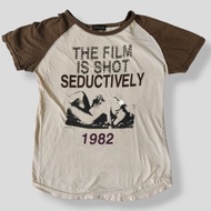 Vintage Brown and Beige Asymmetric Hem Bedazzled Graphic Raglan Shirt | 90s Y2K Hysteric Glamour