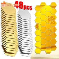 48/24Pcs 3D Acrylic Mirror Hex Shape Vinyl Removable Wall Sticker- Gold Silver Color Hexagon Honeycomb Mirror Tile Sticker for Wallpaper Living Room Dining Room Bedroom Home Office