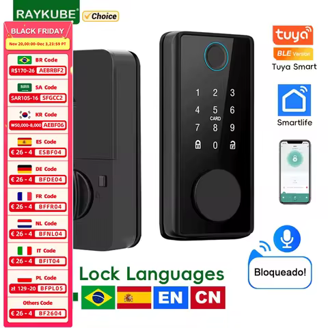 RAYKUBE DS01 4-language Tuya Bluetooth Smart Fingerprint Deadbolt Lock with Latch/Door Sensor Key/Pa