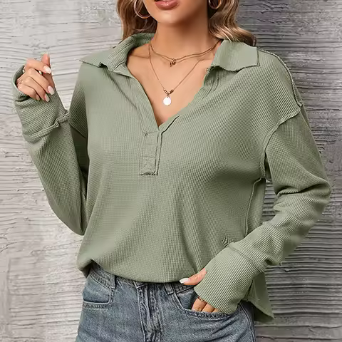 V Neck Waffle Pattern Sweatshirt Women's Casual Basic Cotton Blend Streetwear Long Sleeve Top