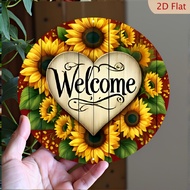 2D wood or acrylic round plaque, sign, sunflower wreath design welcome sign - 1 piece, retro style r