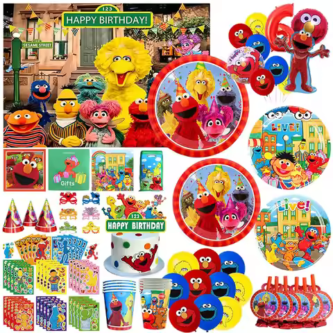 Happy Birthday Disposable Supplies Plates Cups Napkins Party Elmo Balloons Set Sesame Street Themed 