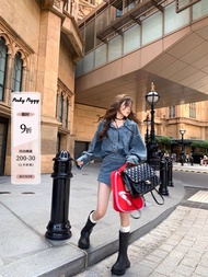 ชุดเดนิมเอวสูงสไตล์ย้อนยุคอเมริกันสำหรับผู้หญิง Pinky Piggy Graphite Dickie Curves American Vintage 