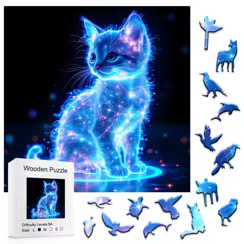 Adult Wooden Puzzle - Fluorescent Cat Wooden Puzzle, Unique Animal Shape Adult Wooden Puzzle, Adult