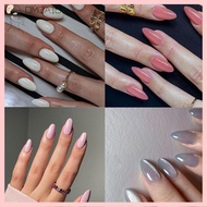 OMQAIO French False Nails Long Oval Grey Cat Eye Press on Nails Manicure Detachable Fake Nials Women
