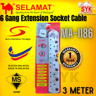 SYK SELAMAT MA-1186 (Neon) 3 Meter 6 Gang Power Extension Plug Heavy Duty Extension Socket Extension