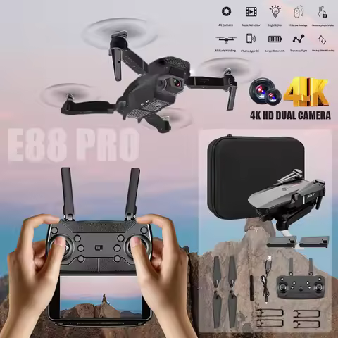 Hd 8k Drone E88 Pro Max Foldable Mini Rc Drone With Dual Camera Colorful Lights Screen Control Boys 