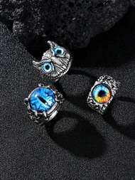 3枚/套不銹鋼時尚誇張復古歐美風格狼爪、眼睛、貓頭鷹造型戒指。適合男士日常穿著。