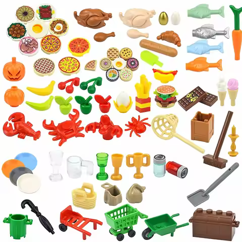 MOC Food Accessories Building Blocks DIY supermarketFigures Fruit Bricks Fish Pizza Carrot Hamburger