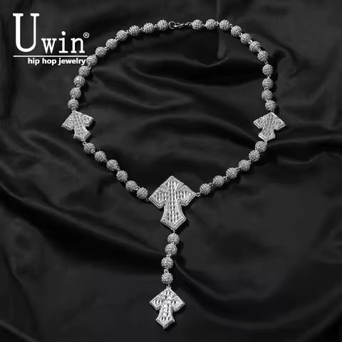 Uwin Bead Chain With 4 Corss Full Paved Iced Out Bling New In Cubic Zirconia HipHop Jewelry