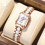PLAYBOY branded watch for woman waterproof luxury ceramic steel korean style square ladies watch