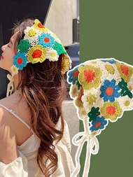 1入鄉村風格頭巾，針織頭帶，三角形圍巾，多巴胺風格攝影編織花卉頭飾，韓國可愛甜美髮帶，夏季鄉村風格和針織復古頭巾