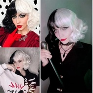 Anime Cruella De Vil Wig Curly Half Black Half White Wigs Cosplay Women Girls Short Hair Cute Hallow