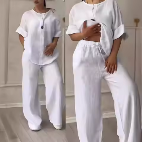 Cotton Linen Sets Two 2 Pieces Sale Casual Long Sleeve Button Loose Blouse Shirt&High Elastic Wide L