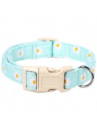 1 Pieza Edición Limitada Primavera/verano Collar De Mascota De Tela Impresa Con Girasoles Azules Y Hebilla Beige De Plástico Para Uso En Interiores Y Exteriores