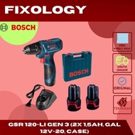 Mesin Bor Baterai Cordless Bosch GSR 120 Li Gen 3 Baterai 2 x 1,5Ah Charger GAL 12V-20 Cordless Dril