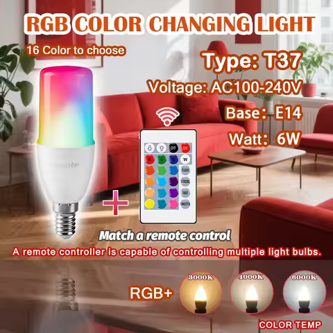1-10PCS E14 16Colors RGB LED Bulb T37 24Key Remote Control Dimmable Light 6W AC100-240V Colorful Cha
