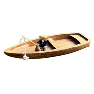 Handmade Wooden Boat Mini Floating Boat Model Fisherman Cat Fishing Boat Fish Tank Pond Decoration A