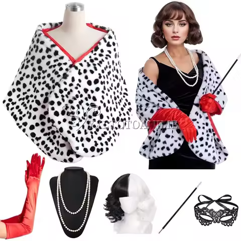 Party Women Cruella Deville Cosplay Costume Spotted Dog Leopard Print Scarf 1920s Gloves and Holder 